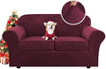 H.VERSAILTEX Real Velvet Plush 3 Piece Stretch Sofa Covers Couch Covers for 2 Cushion Couch Loveseat Covers Width Up to 72 Inch Feature Thick Soft Stay in Place (Medium Sofa, Burgundy)