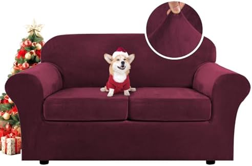 H.VERSAILTEX Real Velvet Plush 3 Piece Stretch Sofa Covers Couch Covers for 2 Cushion Couch Loveseat Covers Width Up to 72 Inch Feature Thick Soft Stay in Place (Medium Sofa, Burgundy)