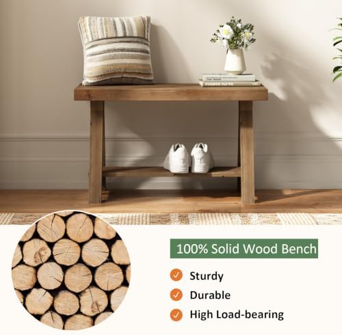 RowyPoey Solid Wood Bench, 30" Farmhouse Entryway Bench with Shoe Storage