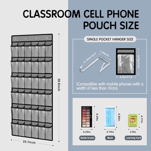 Kotkn 36 Pocket Charts for Classroom Cell Phones, 36 Clear Pocket Charts with Numbered Stickers, Classroom Hanging Cell Phone Organizer, Hangs on Wall, Door Storage Hooks (Gray)