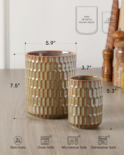 Utensil Holder, 7.5" + 5.3" Ceramic Kitchen Utensil Holder, Green