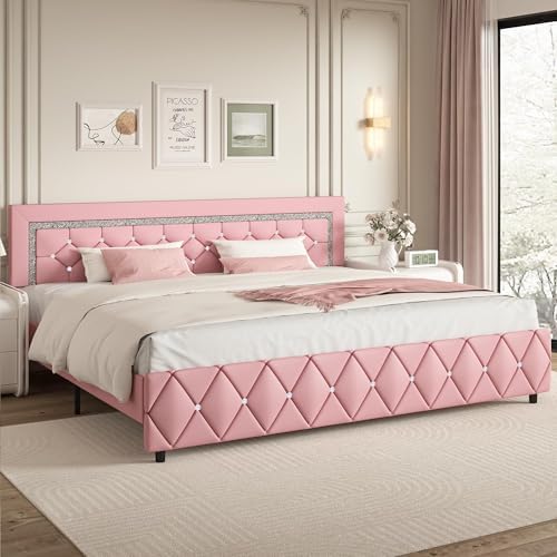 King Size Bed Frame, Faux Leather Upholstered Bed with Diamond Headboard