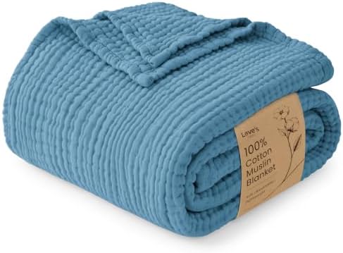 Love's cabin 100% Cotton Muslin Blanket Throw for Couch, Misty Blue