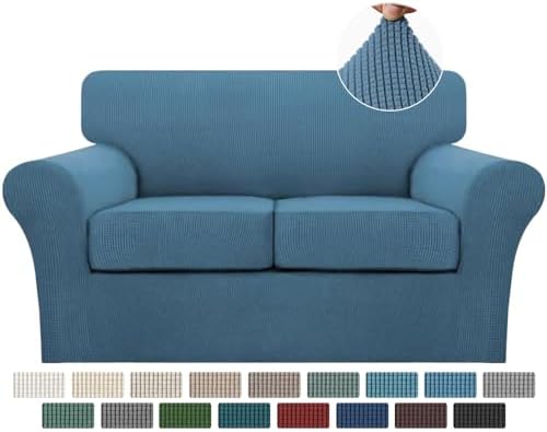 Turquoize 3 Piece Sofa Covers For 2 Cushion Couch Sofa Slipcover Soft Couch Cover For Dogs-Washable Sofa Furniture Covers With 2 Individual Cushion Covers, Thick Jacquard Fabric (Loveseat, Dusty Blue)
