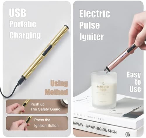 Exquisite Candle Accessories Tool Pack Bag, Rechargeable Electric Lighter， Wick Trimmer, Dipper, Snuffer and Tray Holder Elegant Kit Gift for Candle Lovers in Dating, Valentines Decor. ( Lemon Gold )