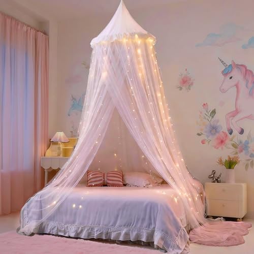 Princess Bed Canopy for Girls, Double Layer Canopy Fits Twin/Full Bed - Fairy Bed Tent for Kids Room Decor(with 250pcs Warm White Curtain Lights,White)