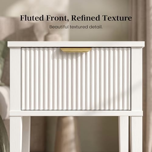 White 15.4" Wide Small Nightstand with Drawer,Open Shelf,Fluted Front