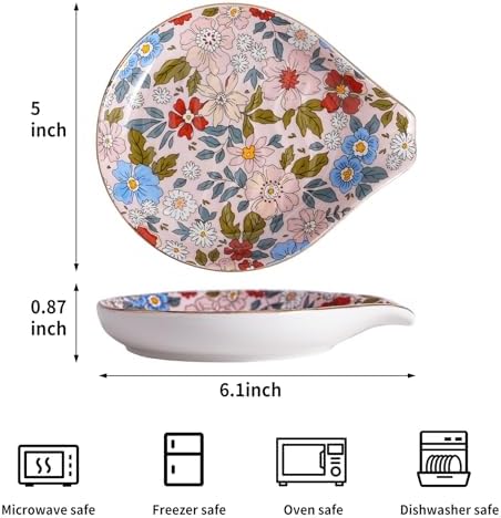 Ceramic Spoon Rest for Stove Top, 5 inch Gold Trim Spoon Holder for Kitchen Counter, Farmhouse Cooking Utensil Holder for Spoons, Ladles, Spatula, Vintage Pink Floral
