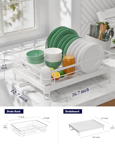 Kitsure Dish Drying Rack for Kitchen Counter, 12.7''W x 16.7''L, White