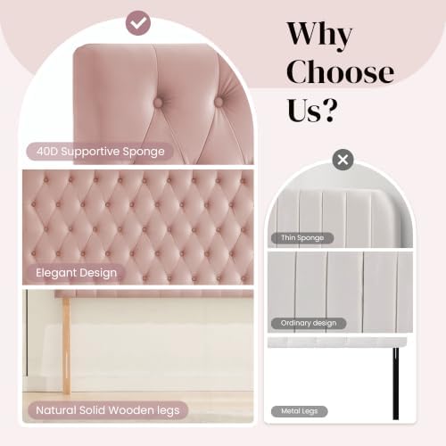 Kingfun Upholstered Queen Headboard Only, Premium Velvet Button Tufted Headboards, Adjustable Solid Wood Head Board, Padded Headboard with Solid Wood Legs in Bedroom (Pink)