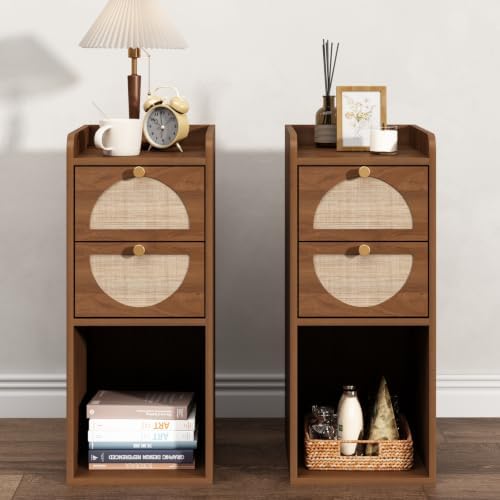 Narrow Nightstand Set of 2 (Rattan & Wood) - Small Bedside Table with 2 Drawers, Open Shelf, Mid Century Modern End Table - for Bedroom, Living Room & Small Spaces, Walnut