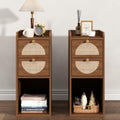 Narrow Nightstand Set of 2 (Rattan & Wood) - Small Bedside Table with 2 Drawers, Open Shelf, Mid Century Modern End Table - for Bedroom, Living Room & Small Spaces, Walnut