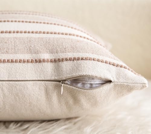 Cethom Decorative Boho Throw Pillow Covers, Farmhouse Textured Pillow Case, 22 x 22 Inch Set of 2, Chair Sofa Bedroom Living Room Home Decor Couch Cushion Case, Taupe and Beige Striped