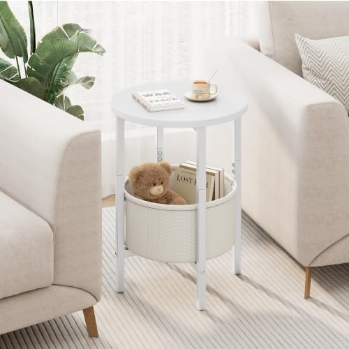 Vagusicc Small Round Side Table, Accent End Table with Fabric Basket, Drink Table Coffee Table for Small Spaces, Sofa Corner Table,Bedside Table,Modern Nightstand for Living Room, Bedroom, White