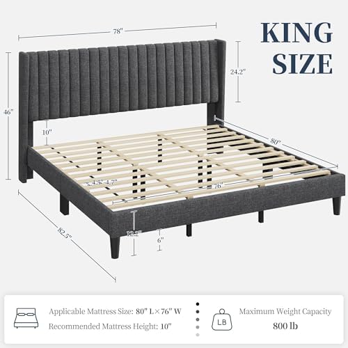 Yaheetech King Bed Frame with Headboard, Dark Gray Channel-Tufted Platform