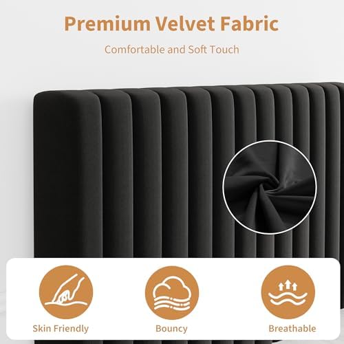 Twin Bed Frame with Adjustable Headboard, Velvet Upholstered Platform Bed