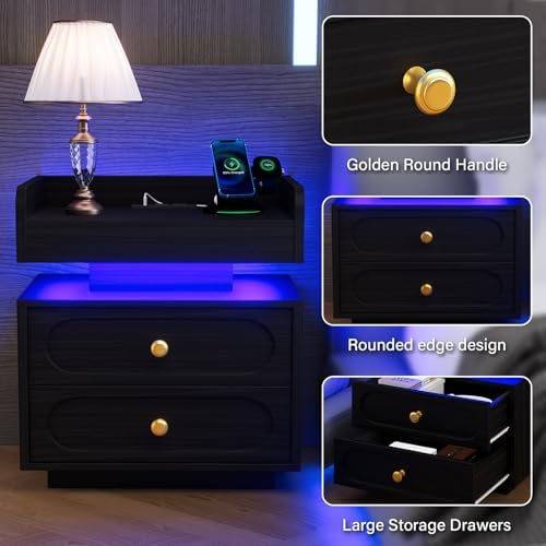 4ever2buy Black Nightstand with Charging Station and Adjustable LED Lights