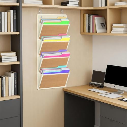 Over the Door File Organizer - Hanging Wall Mounted File Folders Storage with 4 Extra Large Pockets for Home, 0ffice, Classroom, Chart Papers, Files, Letters, Planner, Documents, Magazine Book