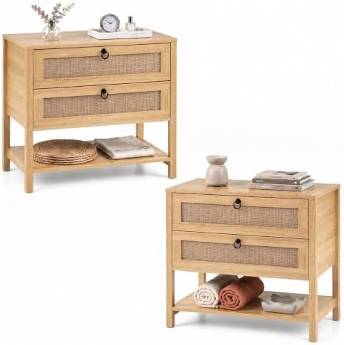 GIANTEX Rattan Nightstand Set 2 with 2 Drawers, 27" Wide Boho Bedside Table