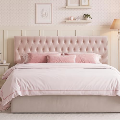Kingfun Tufted Upholstered King Size Bed Headboard in Modern Button Design, Adjustable Solid Wood Head Board, Premium Velvet Fabric Padded Headboards in Bedroom (Pink)