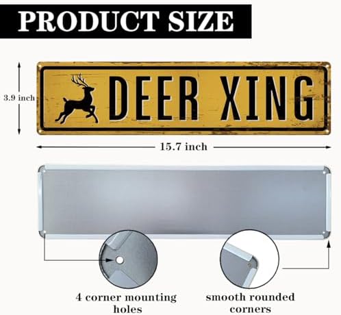 Rustic Farmhouse Metal Tin Sign, Deer Xing Sign, Vintage Animal Road Signs, Decor for Farm Road, Outdoor Yard, Weather Resistant, Easy Mounting, 15.7 x 3.9 inch