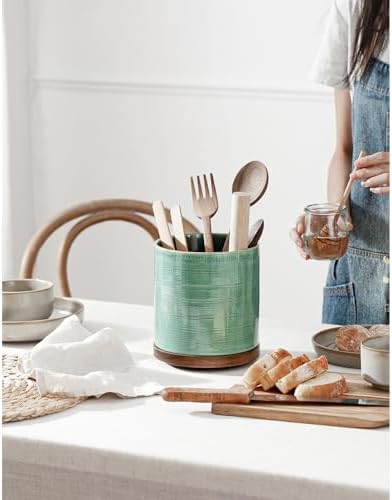 Utensil Holder, 360° Rotating Extra Large Ceramic Kitchen Utensil Holder for Countertop, 7.3“ Cooking Utensil Crocks for Kitchen Counter with Rotatable Wooden Base, Farmhouse Decor, Forest Green