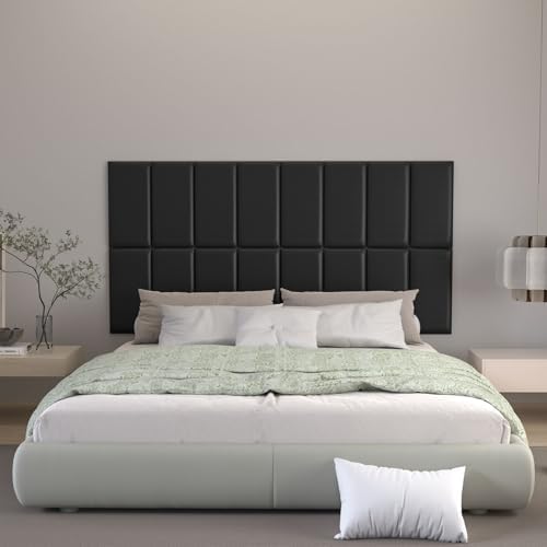 Peel and Stick Headboard Black Upholstered Wall Panels, 6 Panels Sized 7.8" x 15.7", 3D Anti-Collision Soundproof Self-Adhesive Wall Panel for Bedroom