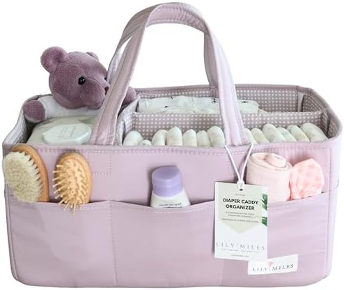 Baby Diaper Caddy Organizer, Wipeable Diaper Organizer Basket with 8 Pockets for Newborn Essentials, Baby Shower Gifts, Nursery Tote Bag for Changing Table or Car (Rosy Lilac, Large)