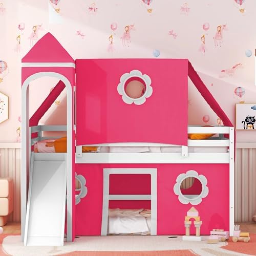 Full Size Castle Loft Bed with Slide & Pink Tent and Tower, Playhouse Design Spacious Under Bed Space with Curtains, Wood Tent Bed Frame for Kids Boys Girls(Pink,Full)