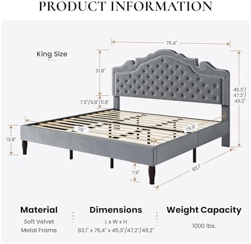 SHA CERLIN King Size Platfrom Bed Frame with Adjustable Headboard/Velvet Upholstered Diamond Button Tufted and Metal Studs/No Box Spring Needed/Easy Assembly/Woodenen Slat Support/Light Grey