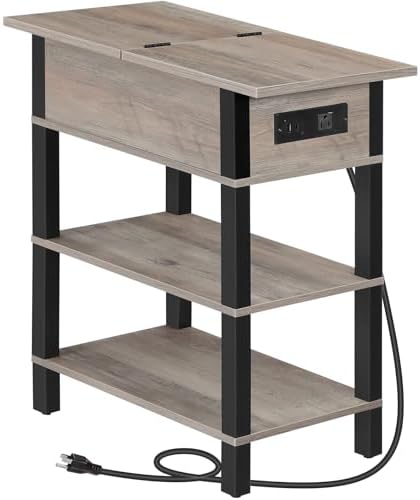 HOOBRO End Table with Charging Station, Flip Top Side Table with USB Ports, Narrow Nightstand Bedside Tables with Storage Shelves, for Small Space, Living Room,Greige and Black BG141UBZ01