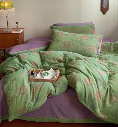 Linen Cotton Jacquard Duvet Cover Queen,3 Pcs Yarn-Dyed Textured Duvet Cover Set Green Purple Floral Bedding Breathable, Natural Wrinkled Look-No Comforter