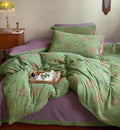 Linen Cotton Jacquard Duvet Cover Queen,3 Pcs Yarn-Dyed Textured Duvet Cover Set Green Purple Floral Bedding Breathable, Natural Wrinkled Look-No Comforter