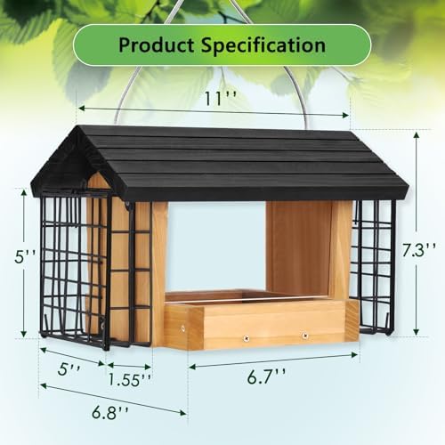 Gbekery Wooden Bird Feeder with Double Suet Metal Cage for Outdoors Hanging