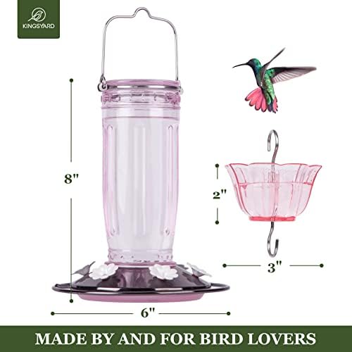 Kingsyard 2 Pack Glass Hummingbird Feeder for Outdoors, 16 Oz Wild Bird Feeder with 6 Feeding Ports Hanging for Garden Yard, Pink (Ant Moat Included)