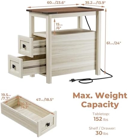 VVFLU Farmhouse End Table with Charging Station and 2 Drawers,Grey Wood Nightstand Narrow, Skinny Side Table Rustic, Slim Bedside Table, Open Shelf, Small for Bedroom, Living Room, Sofa