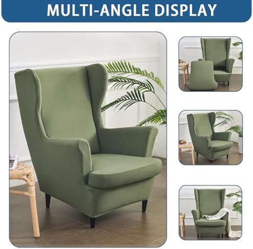 Wingback Chair Slipcovers 2 Piece,Green Wing Chair Slipcovers,Stretch Spandex Wingback Chair Covers for Living Room Armchair,Washalbe Sofa Slipovers