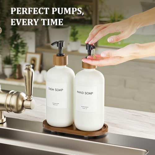 MASADI White Soap Dispenser Set with Tray, Dish and Hand soap Lotion Dispenser Set with Wooden Pump for Kitchen and Bathroom Decor for Counter, Modern Vintage Liquid Soap Dispensers