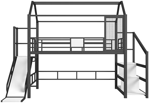 Bellemave Full Size Metal House Loft Bed with Slide and Stairs,Playhouse Heavy Duty Loft Bed Frame with Storage Shelves for Kids,Teens,Adults,Black
