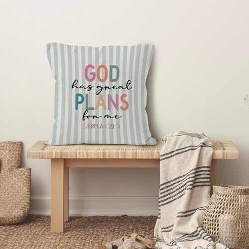 Boho Inspirational Christian Throw Pillow Cover 18x18, Bible Verse Decorative Pillow Covers for Kids Nursery Room Bedroom Playroom, Religious Green Striped Accent Pillows Cover Pillowcases