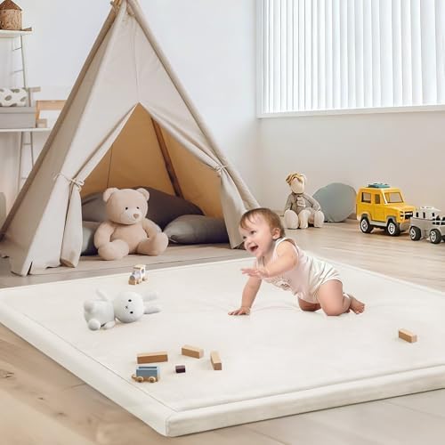 Baby Play Mat for Floor Nursery Rug Muscle Mat Area Rug Playroom Rug 39"x59" Playpen Mat Elastic Foam 1.3" Thick Crawling Mat for Babies,Toddlers, Infants, Kids,Cream