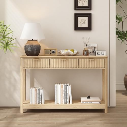RUSTOWN Fluted Wood Console Table with 3 Drawers, 47.2" Boho Entryway Table