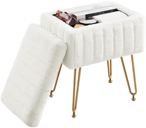 DUMOS Vanity Stool Chair Ottoman with Storage, Makeup Cute Soft Small Footstool Modern Style Faux Fur Seat with 4 Metal Legs & Adjustable Feet for Dressing Living Room Bedroom Dorm