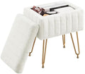 DUMOS Vanity Stool Chair Ottoman with Storage, Makeup Cute Soft Small Footstool Modern Style Faux Fur Seat with 4 Metal Legs & Adjustable Feet for Dressing Living Room Bedroom Dorm