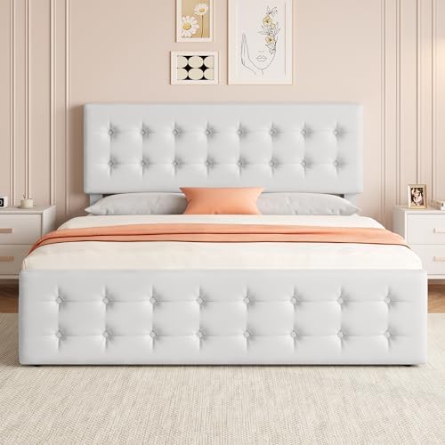 IDEALHOUSE King Size Bed Frame with 4 Storage Drawers and Headboard, White