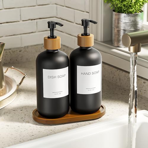 MASADI Black Soap Dispenser Set with Tray, Dish and Hand soap Lotion Dispenser Set with Wooden Pump for Kitchen and Bathroom Decor for Counter, Modern Vintage Liquid Soap Dispensers