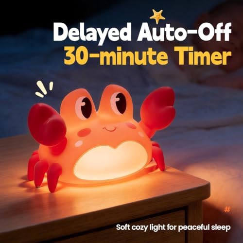 ATSUI Crab Night Light for Kids, Food Grade Silicone, Rechargeable, Tap Fun Kawaii Lamp for Kids Room, Adjustable Brightness, Cute Stuff for Boys Girls, Cute Gifts for Baby Children