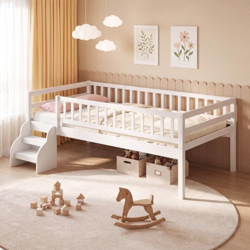 Giantex Kids Low Loft Bed Twin Size with Stairs & Safety Guardrails, White