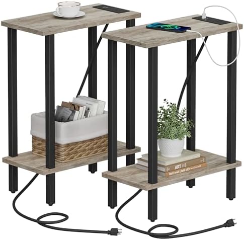 TUTOTAK Narrow Side Table Set of 2, Small End Table with Charging Station