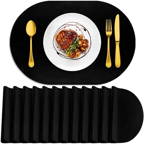 ADRIMER Oval Placemats Set of 12, Wipeable Faux Leather, Black
